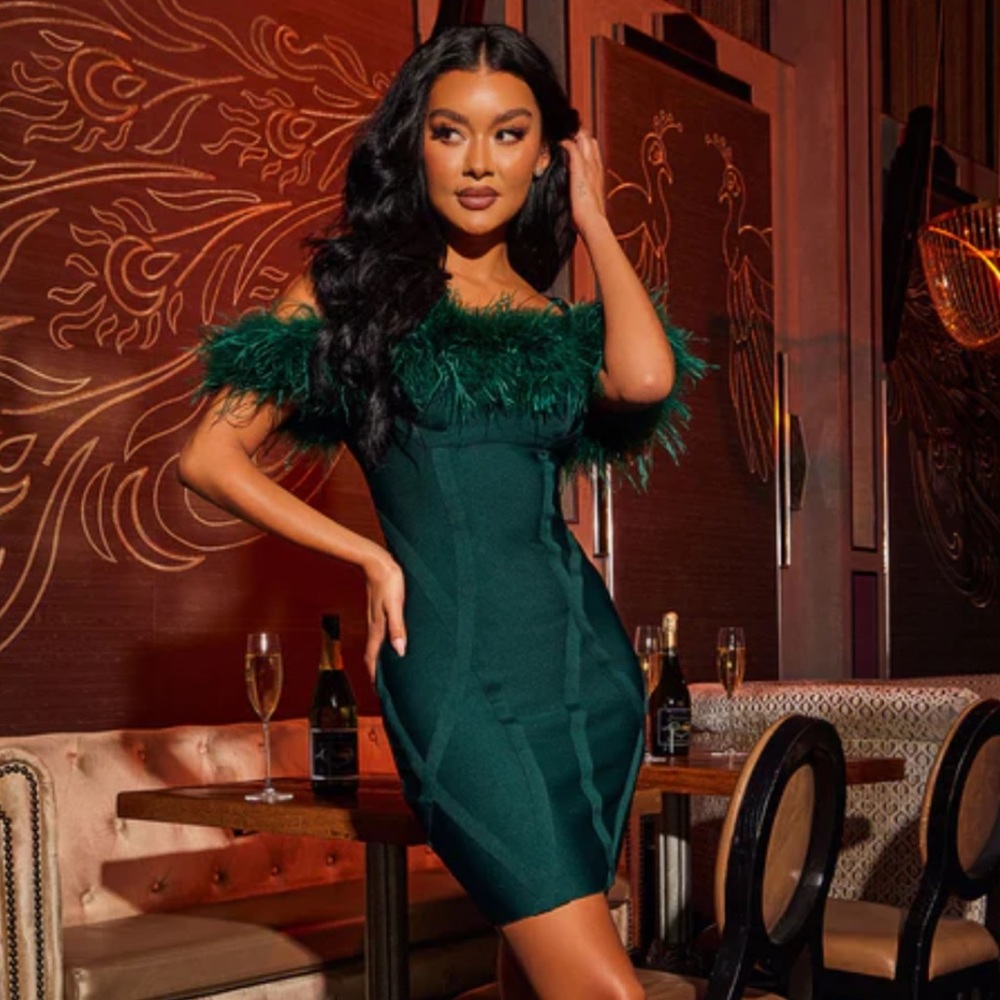 Brand new hunter green fitted mini dress with feather detail